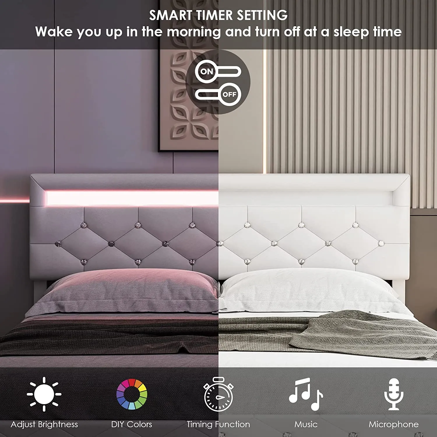 Modern Upholstered Platform Bed Frame with LED Headboard