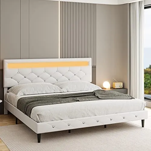 Modern Upholstered Platform Bed Frame with LED Headboard