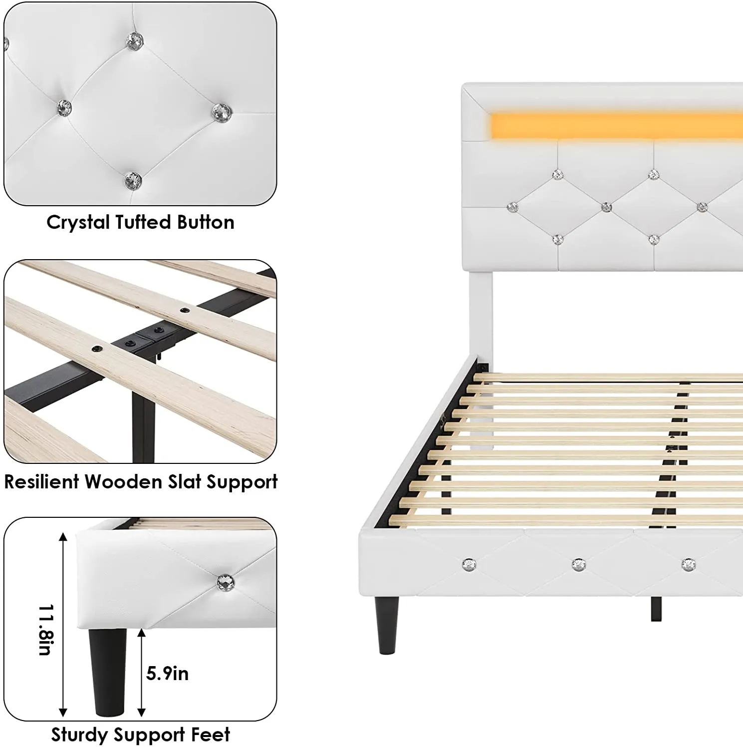 Modern Upholstered Platform Bed Frame with LED Headboard