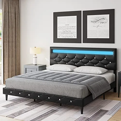 Modern Upholstered Platform Bed Frame with LED Headboard