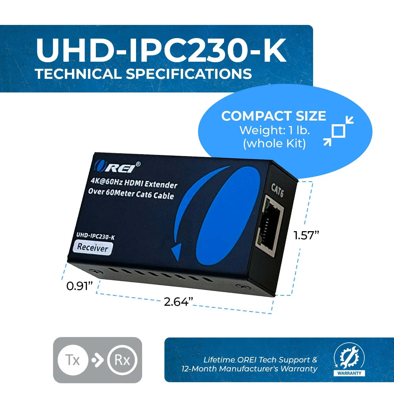 OREI 4K HDMI Extender Over CAT6/7 -230 ft - EDID & Power Over Cable (UHD-IPC230-K)