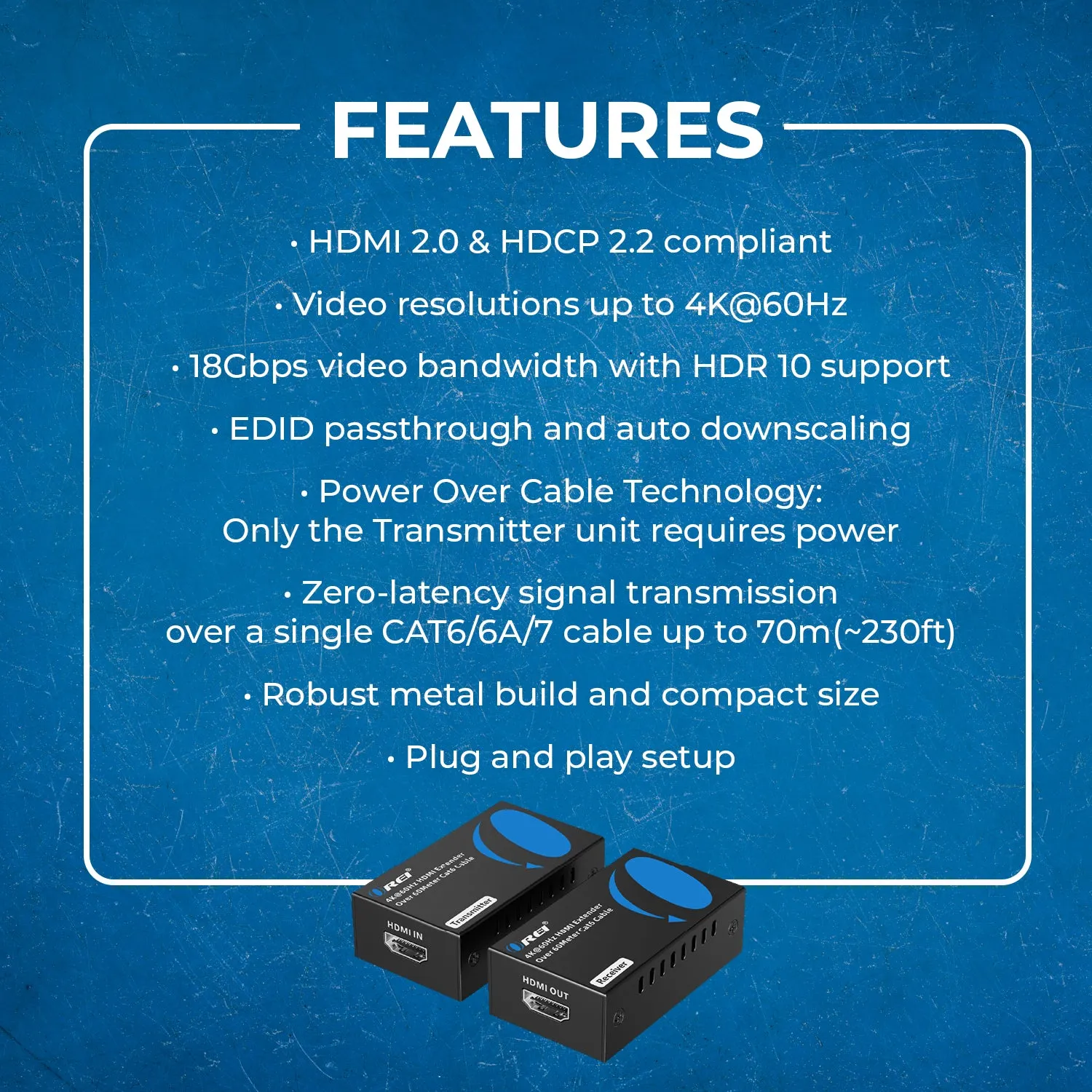 OREI 4K HDMI Extender Over CAT6/7 -230 ft - EDID & Power Over Cable (UHD-IPC230-K)