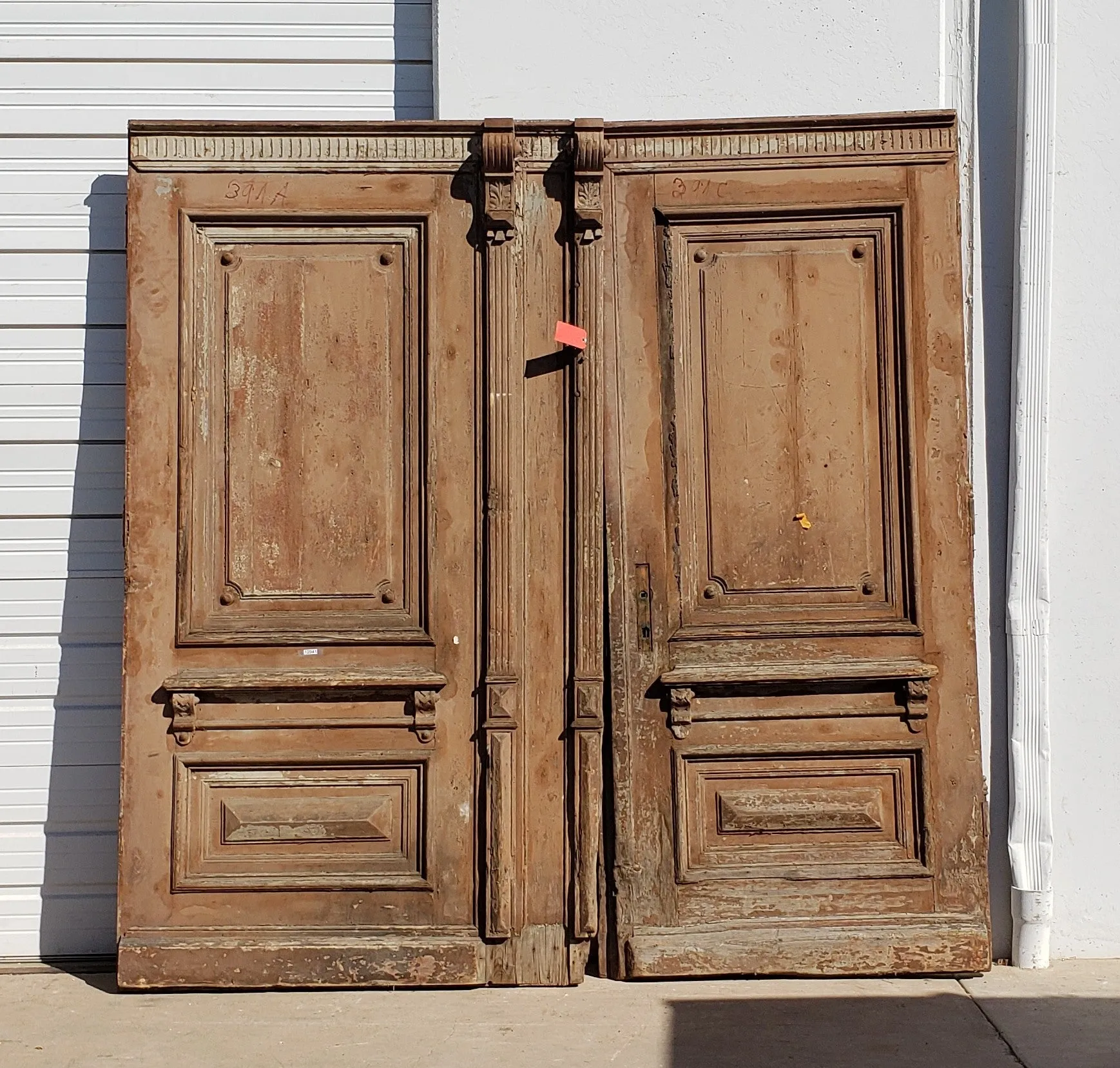 Pair of Antique Wooden Carved Doors with Transom Frame