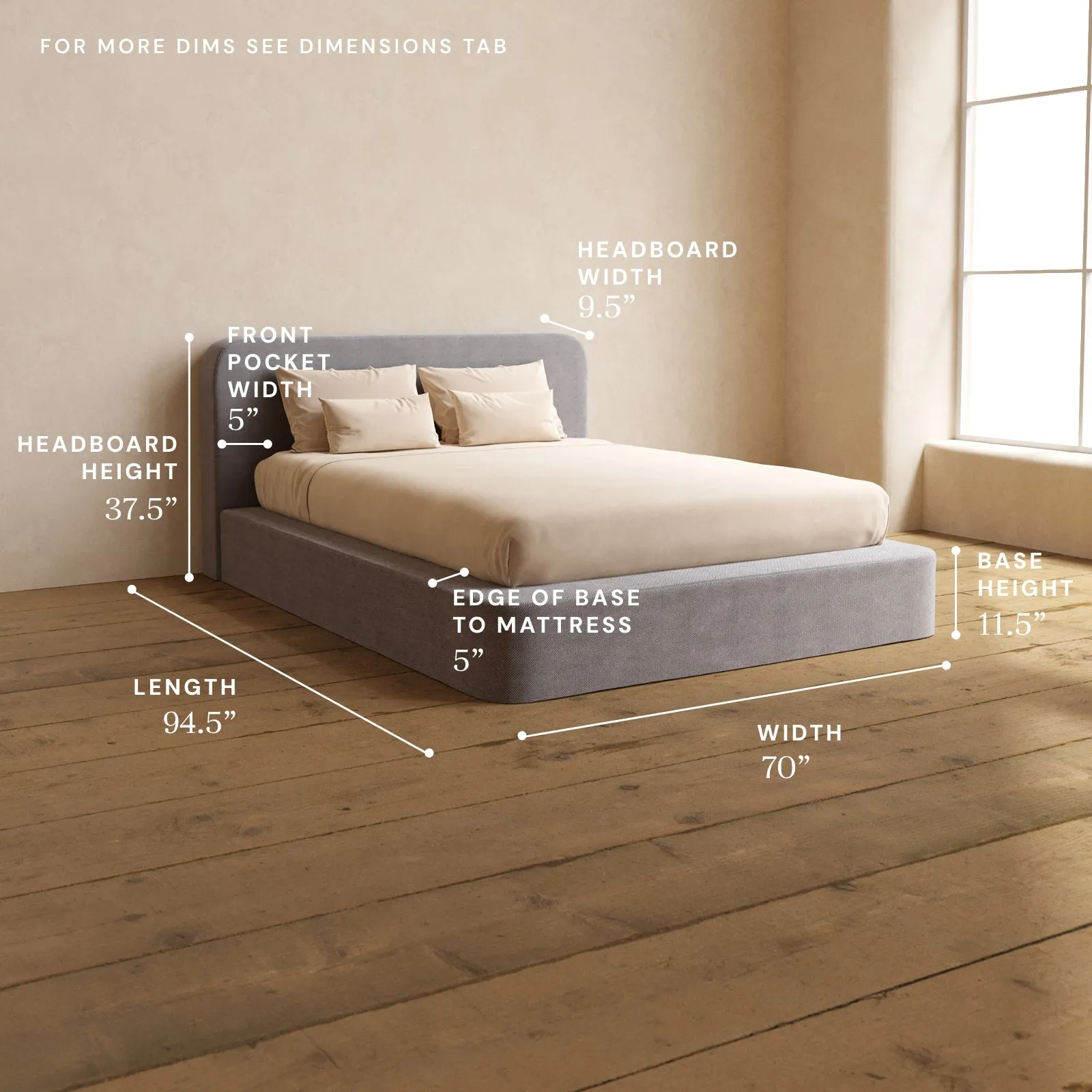Queen Upholstered Platform Bed   Headboard | Plush Weave in Ash