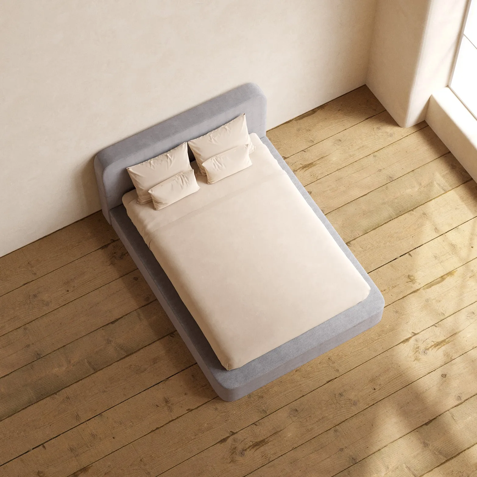 Queen Upholstered Platform Bed   Headboard | Plush Weave in Ash