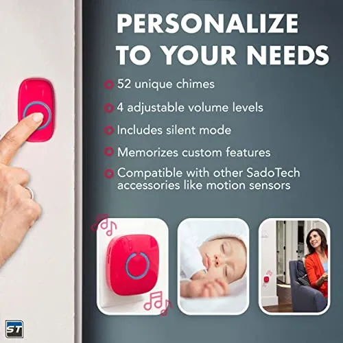 SadoTech Wireless Doorbells for Home, Apartments, Businesses, Classrooms, etc. - 1 Door Bell Ringer & 2 Plug-In Chime Receiver, Battery Operated, Easy-to-Use, Wireless Doorbell w/LED Flash, Gray