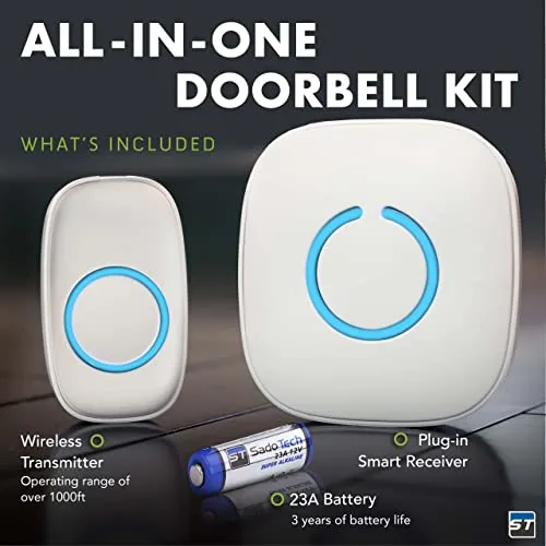 SadoTech Wireless Doorbells for Home, Apartments, Businesses, Classrooms, etc. - 1 Door Bell Ringer & 2 Plug-In Chime Receiver, Battery Operated, Easy-to-Use, Wireless Doorbell w/LED Flash, Gray