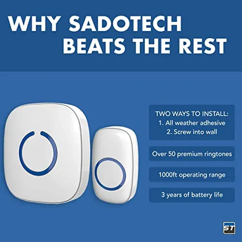 SadoTech Wireless Doorbells for Home, Apartments, Businesses, Classrooms, etc. - 1 Door Bell Ringer & 2 Plug-In Chime Receiver, Battery Operated, Easy-to-Use, Wireless Doorbell w/LED Flash, Gray
