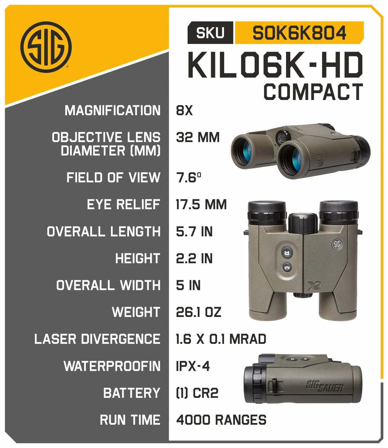 Sig Sauer KILO6K-HD Compact 8X32mm Laser Rangefinder Binocular (SOK6K804)