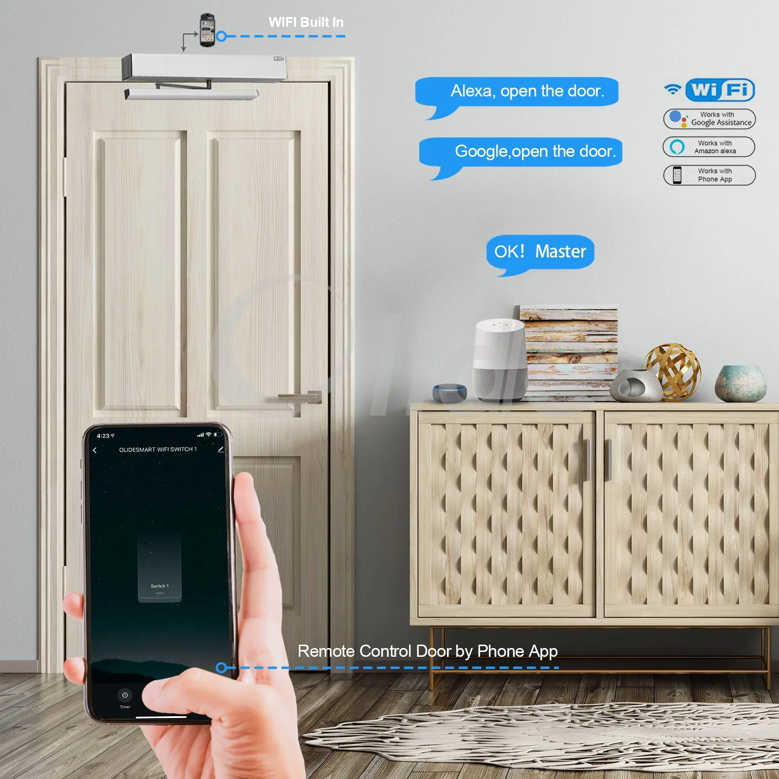Smart Handicap Door Opener Olide-120BL with 4.5" Wireless&Wired Handicap Push Button and 880lb Electric Strike