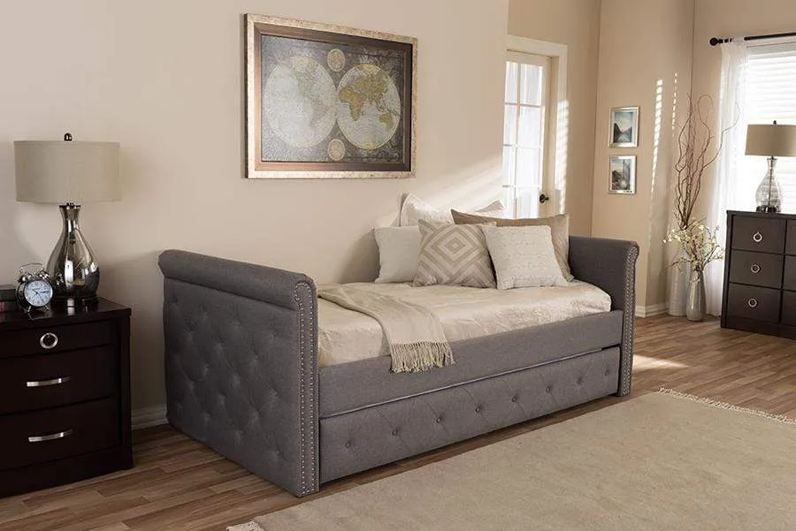 Swamson Modern and Contemporary Grey Fabric Tufted Twin Size Daybed with Roll-out Trundle Guest Bed