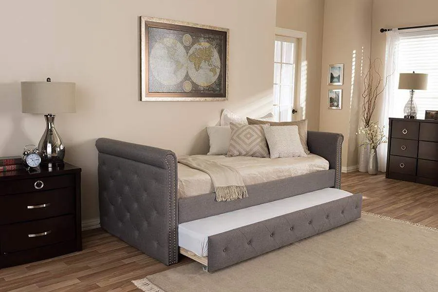 Swamson Modern and Contemporary Grey Fabric Tufted Twin Size Daybed with Roll-out Trundle Guest Bed