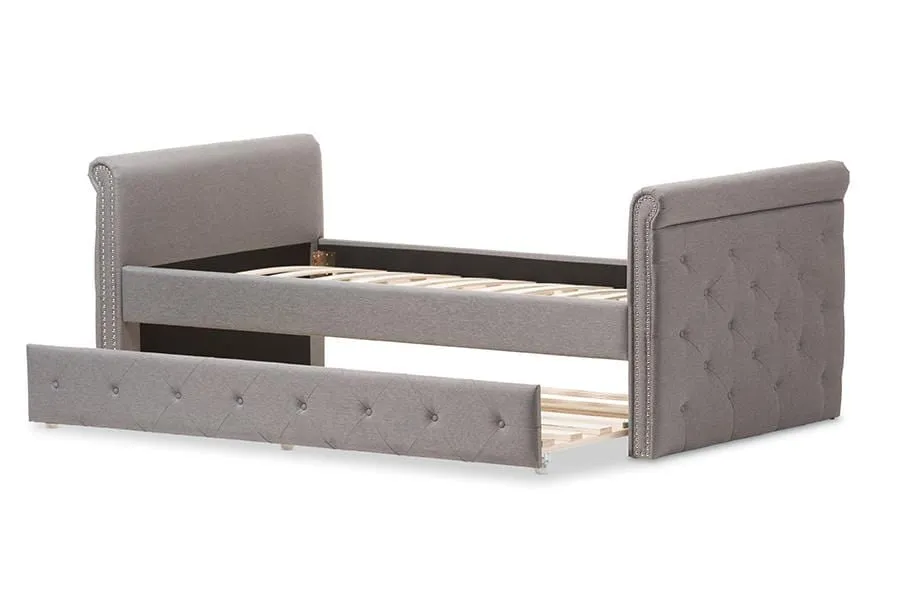 Swamson Modern and Contemporary Grey Fabric Tufted Twin Size Daybed with Roll-out Trundle Guest Bed