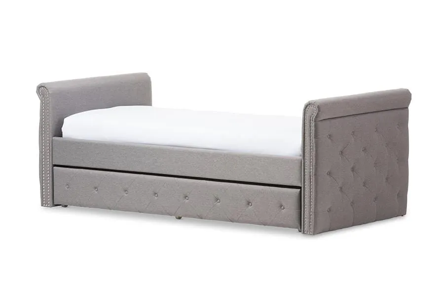 Swamson Modern and Contemporary Grey Fabric Tufted Twin Size Daybed with Roll-out Trundle Guest Bed