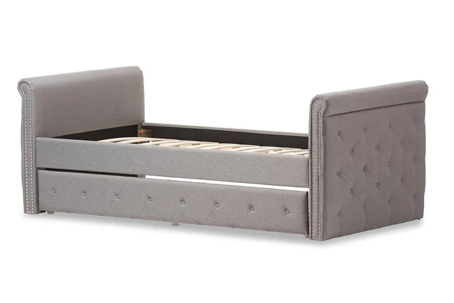 Swamson Modern and Contemporary Grey Fabric Tufted Twin Size Daybed with Roll-out Trundle Guest Bed