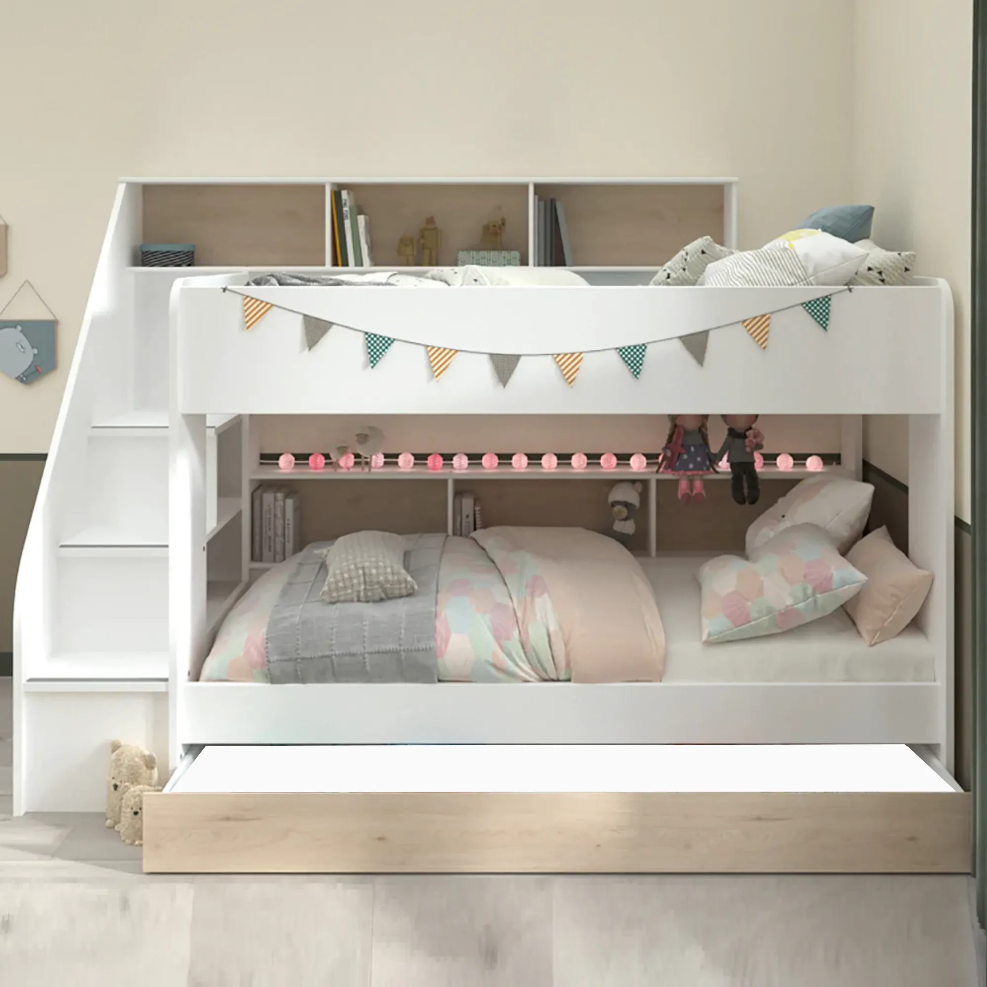 White Biblio Bunk Bed with Steps & Optional Drawer/Bed - Parisot