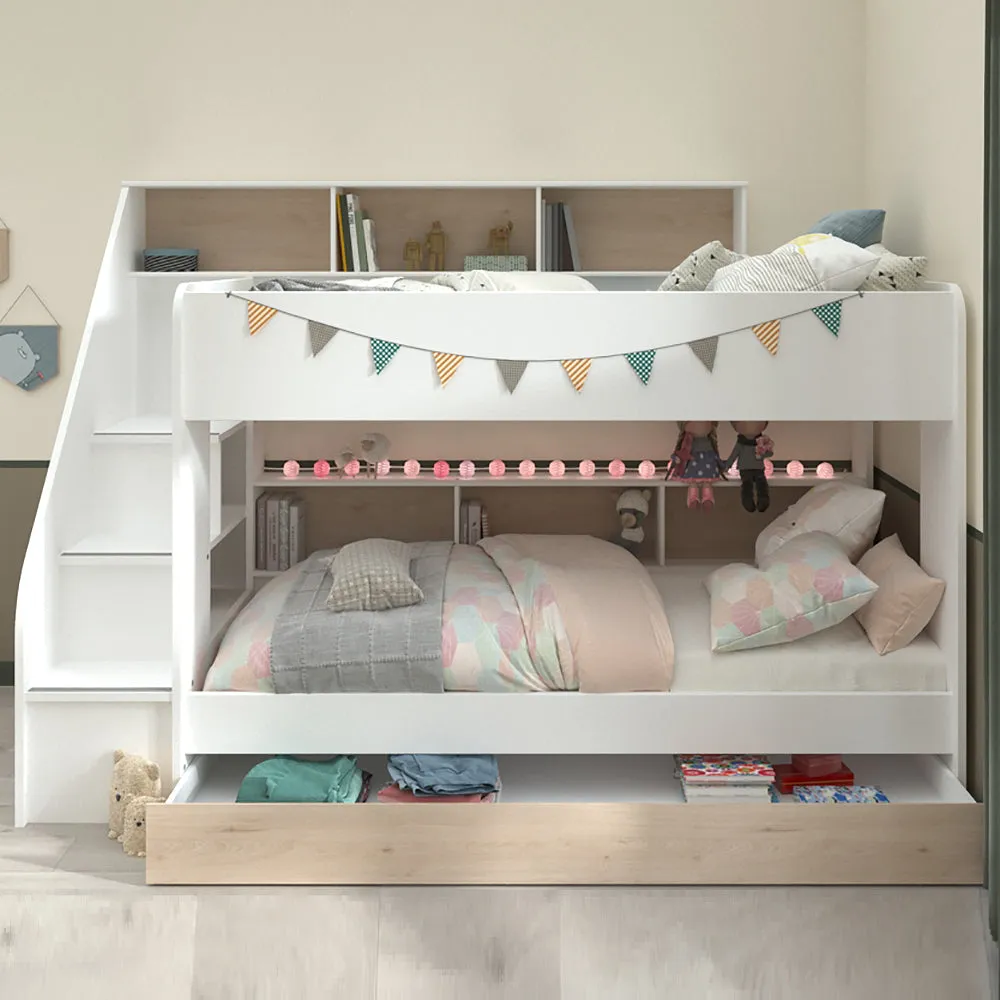 White Biblio Bunk Bed with Steps & Optional Drawer/Bed - Parisot