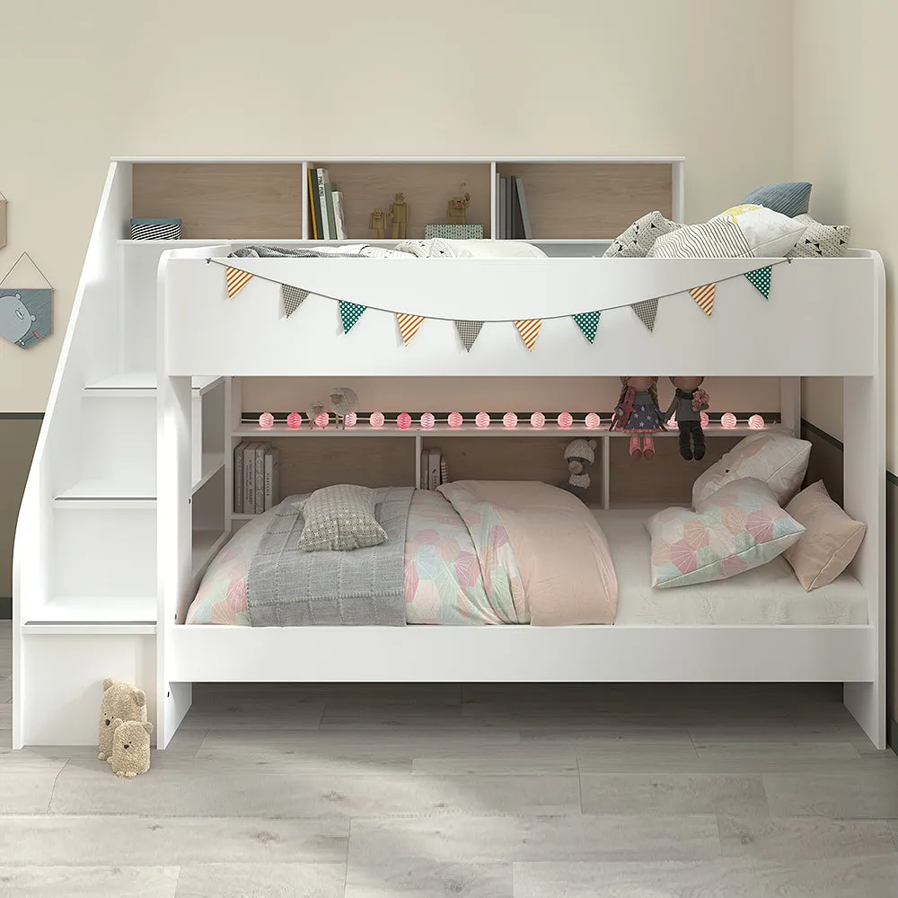 White Biblio Bunk Bed with Steps & Optional Drawer/Bed - Parisot